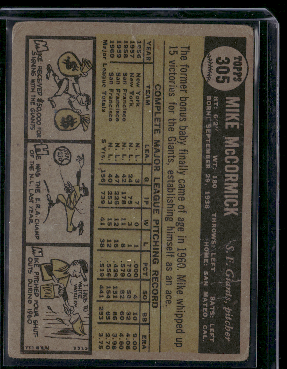 1961 Topps MIKE MCCORMICK #305 Toning Wrinkles (Good-VG)