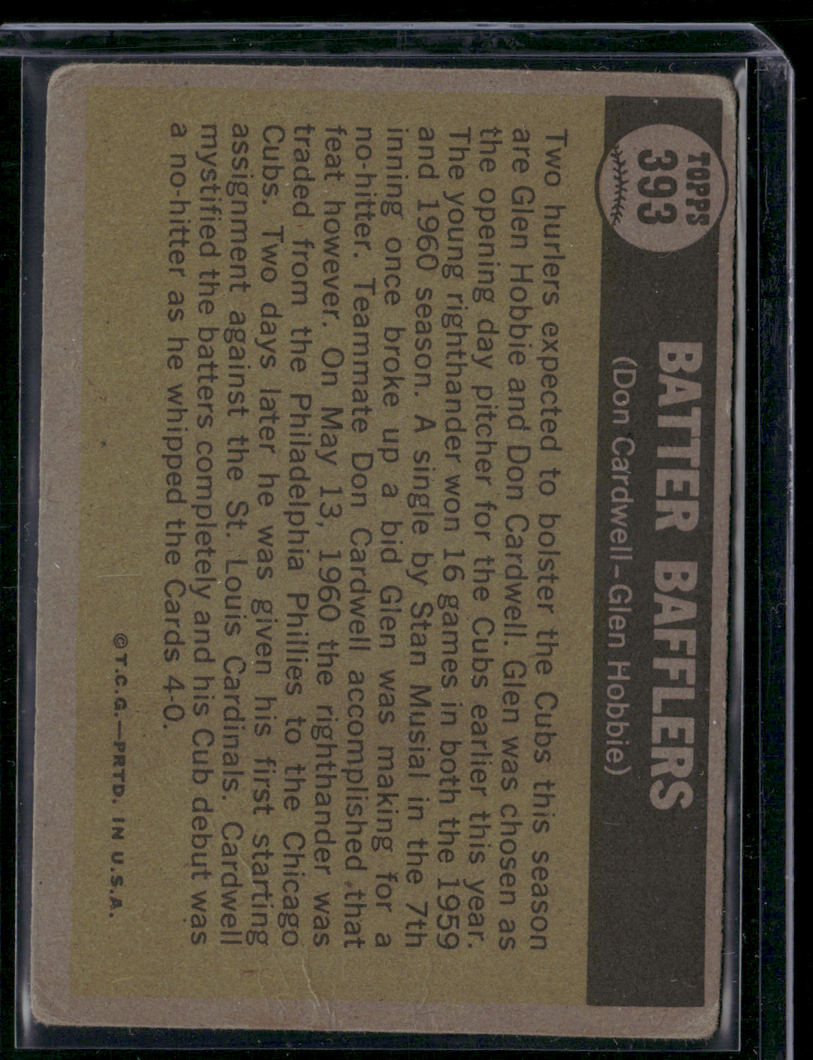 1961 Topps GLEN HOBBIE/DON CARDWELL #393 Batter Bafflers Toning LightWrinkle(VG)