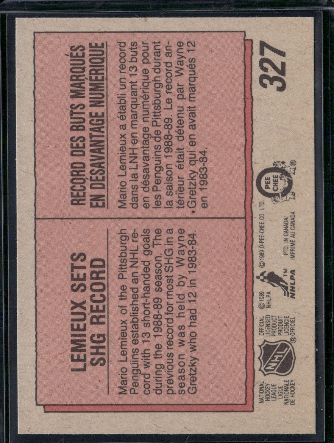 1989 O-Pee-Chee MARIO LEMIEUX #327 Highlight Faits Saillants '89 (EX/MT-NM)