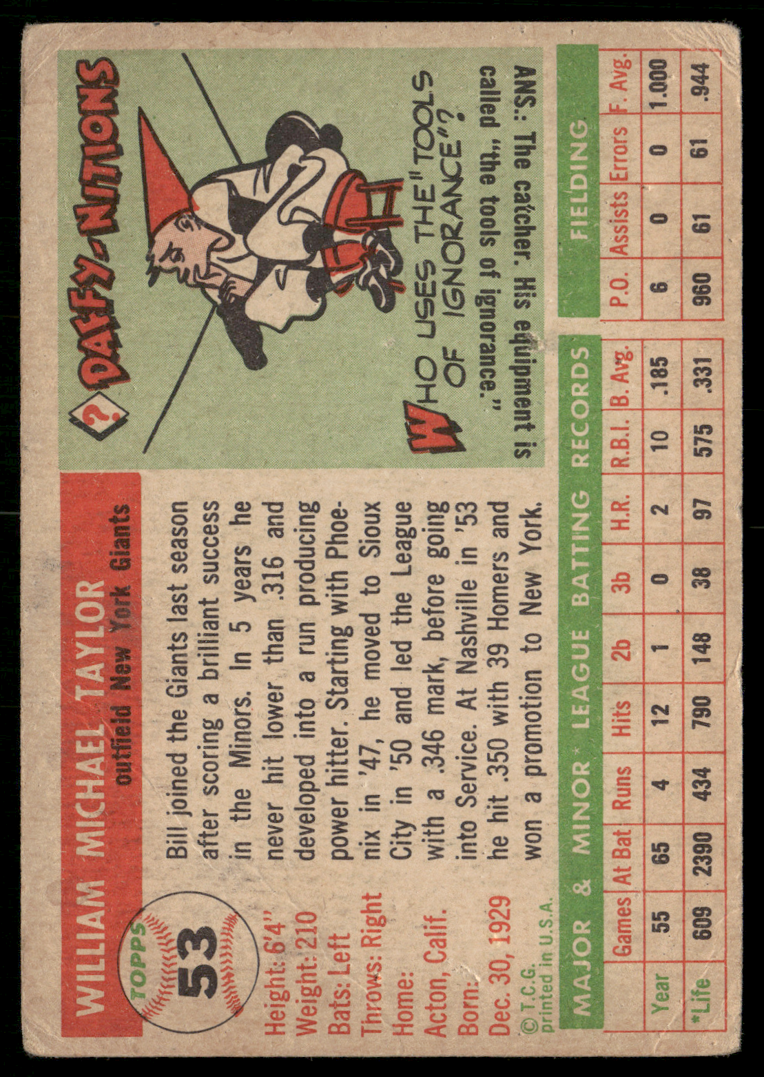 1955 Topps BILL TAYLOR #53 Light Wrinkles Surface Dents (VG)