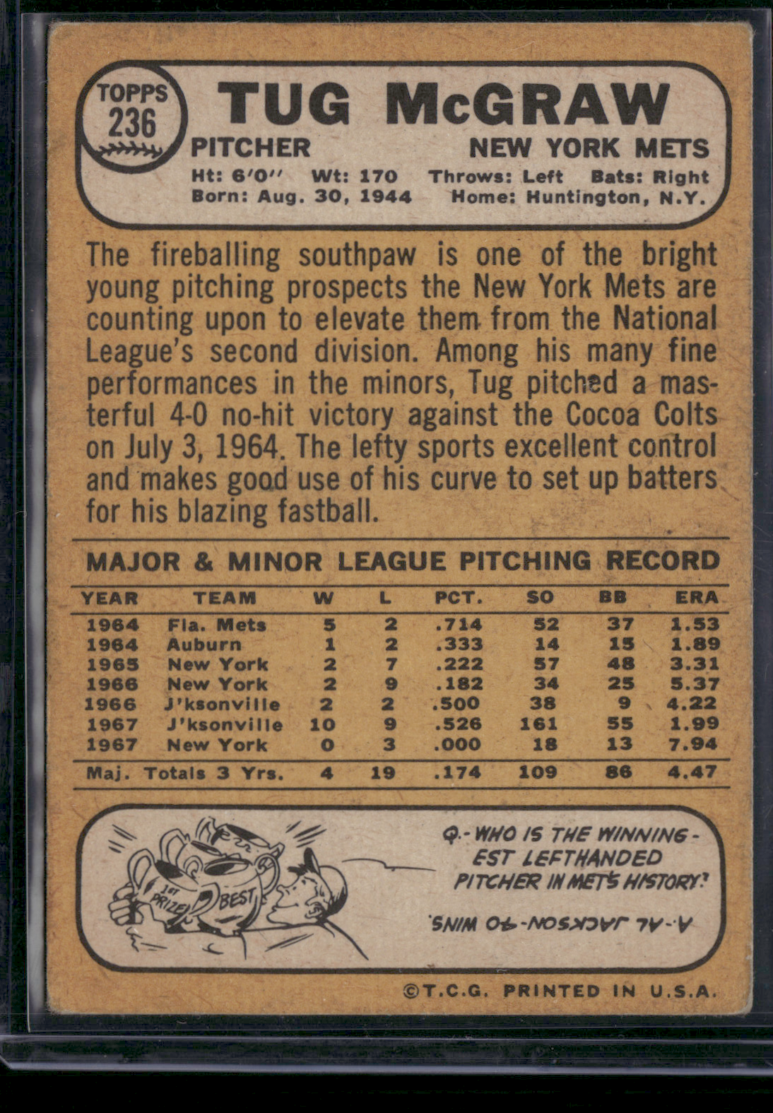 1968 Topps TUG MCGRAW #236 Toning (VG/EX)