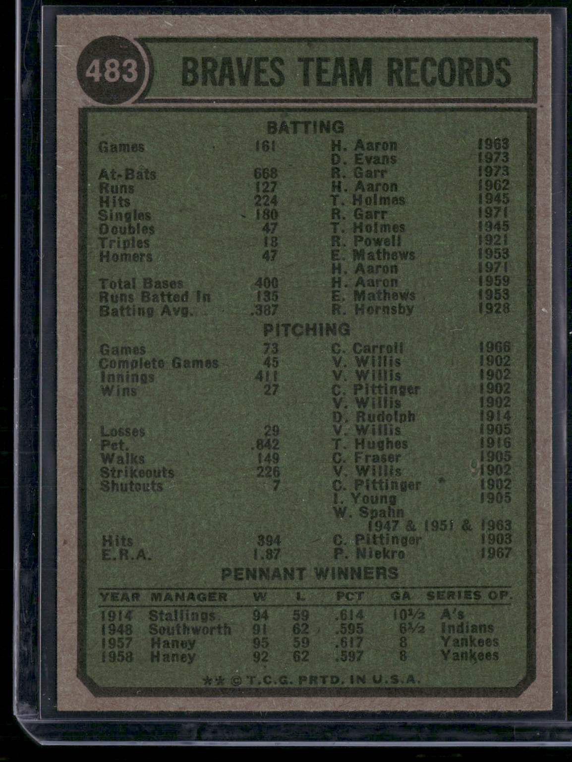 1974 Topps ATLANTA BRAVES #483 (EX-EX/MT)
