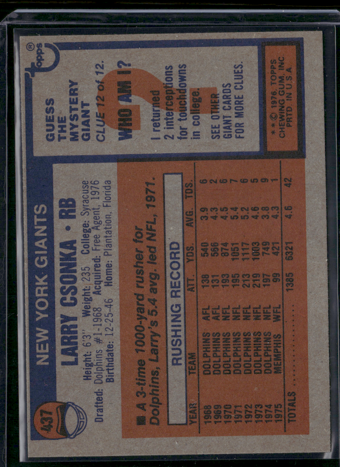 1976 Topps LARRY CSONKA #437 (EX-EX/MT)