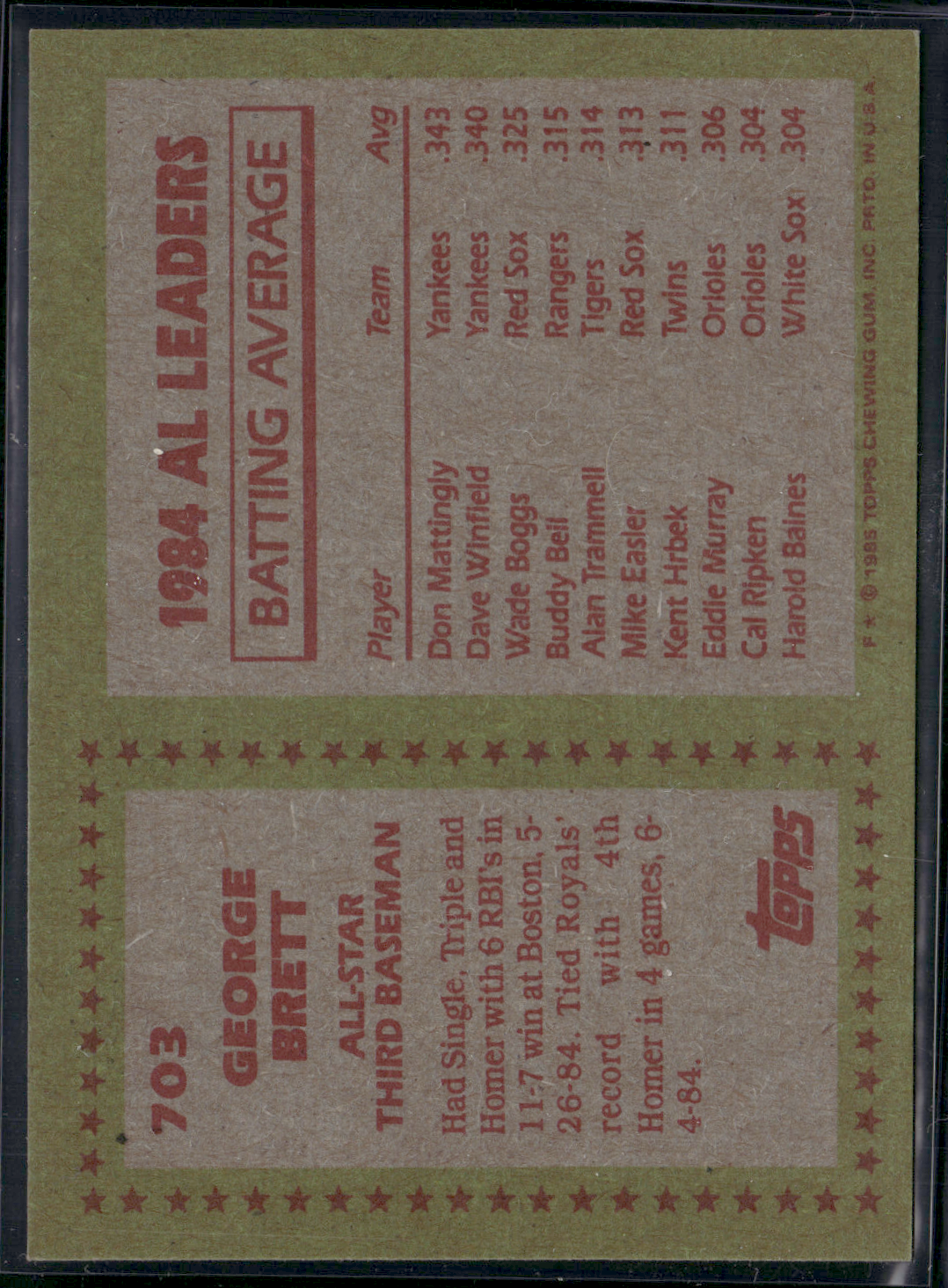 1985 Topps GEORGE BRETT #703 All Star (EX/MT)