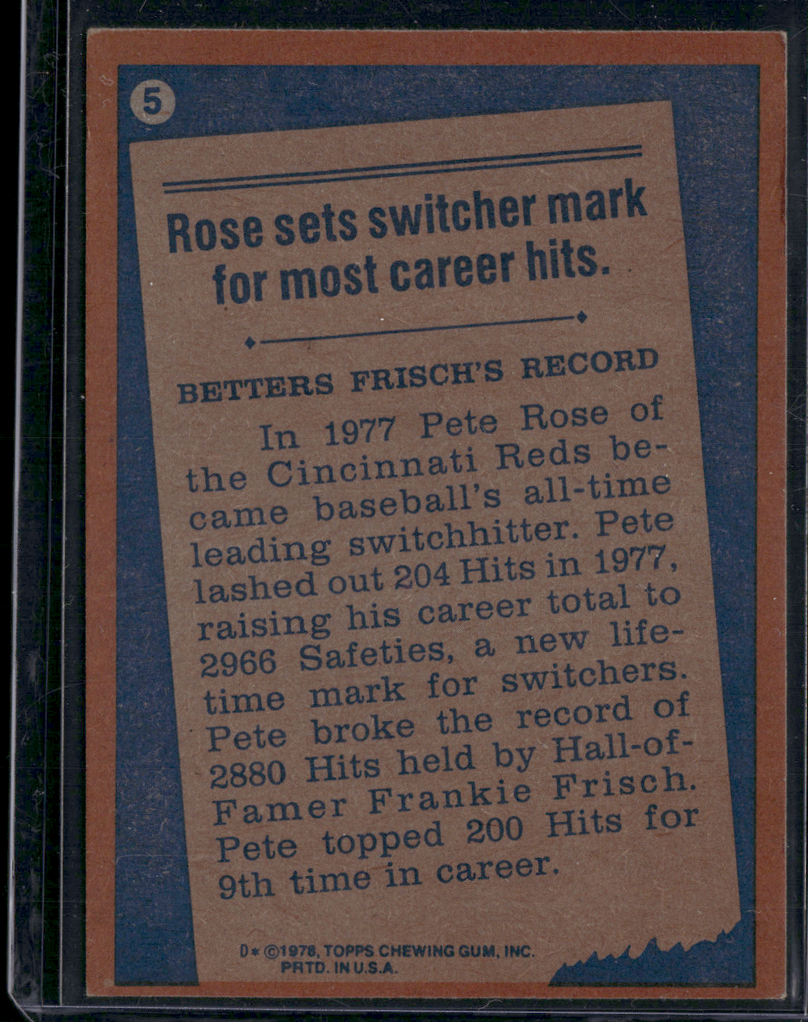1978 Topps PETE ROSE #5 77 Record Breaker (EX-EX/MT)