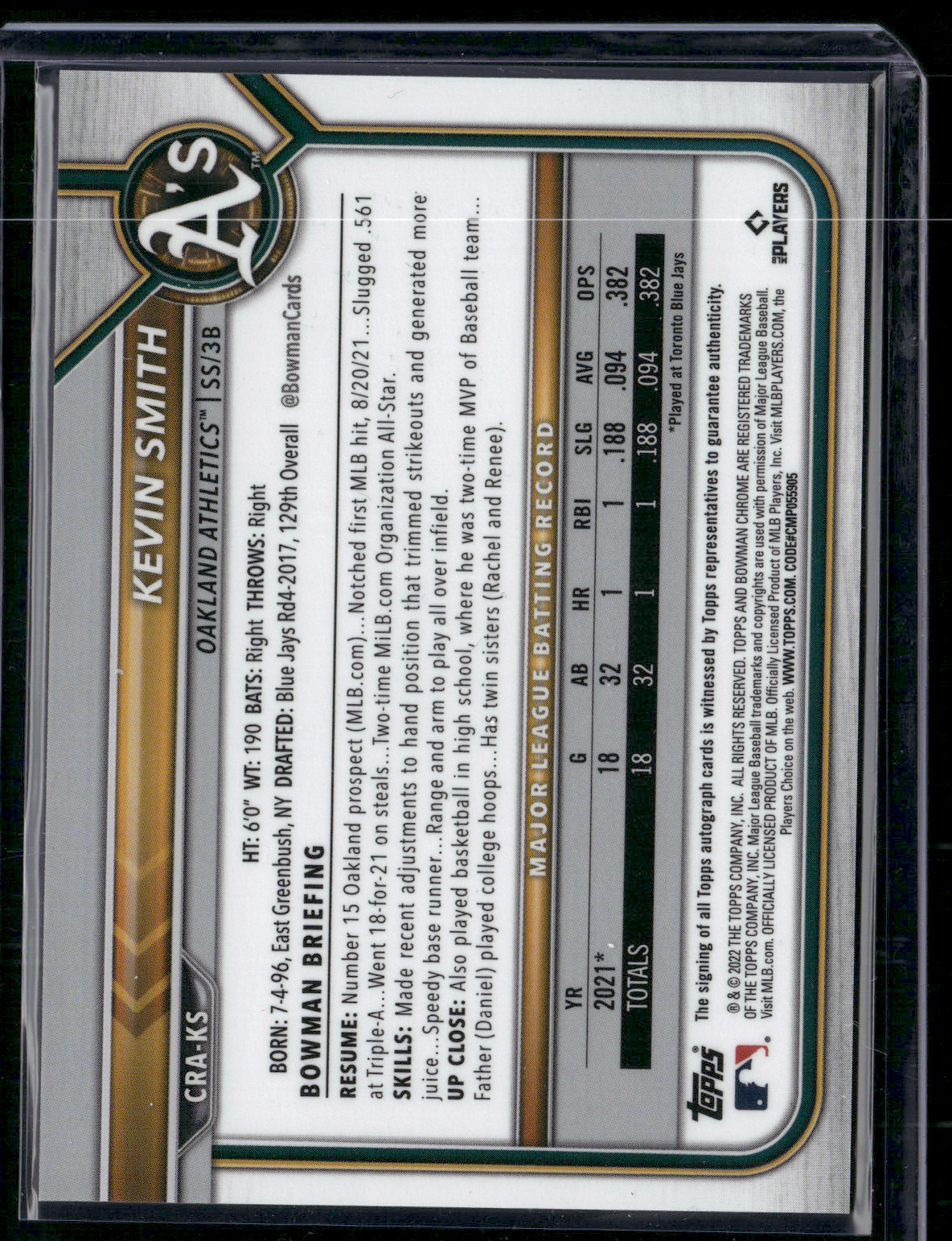 2022 Bowman KEVIN SMITH #CRA-KS Auto Chrome Rookie Card RC
