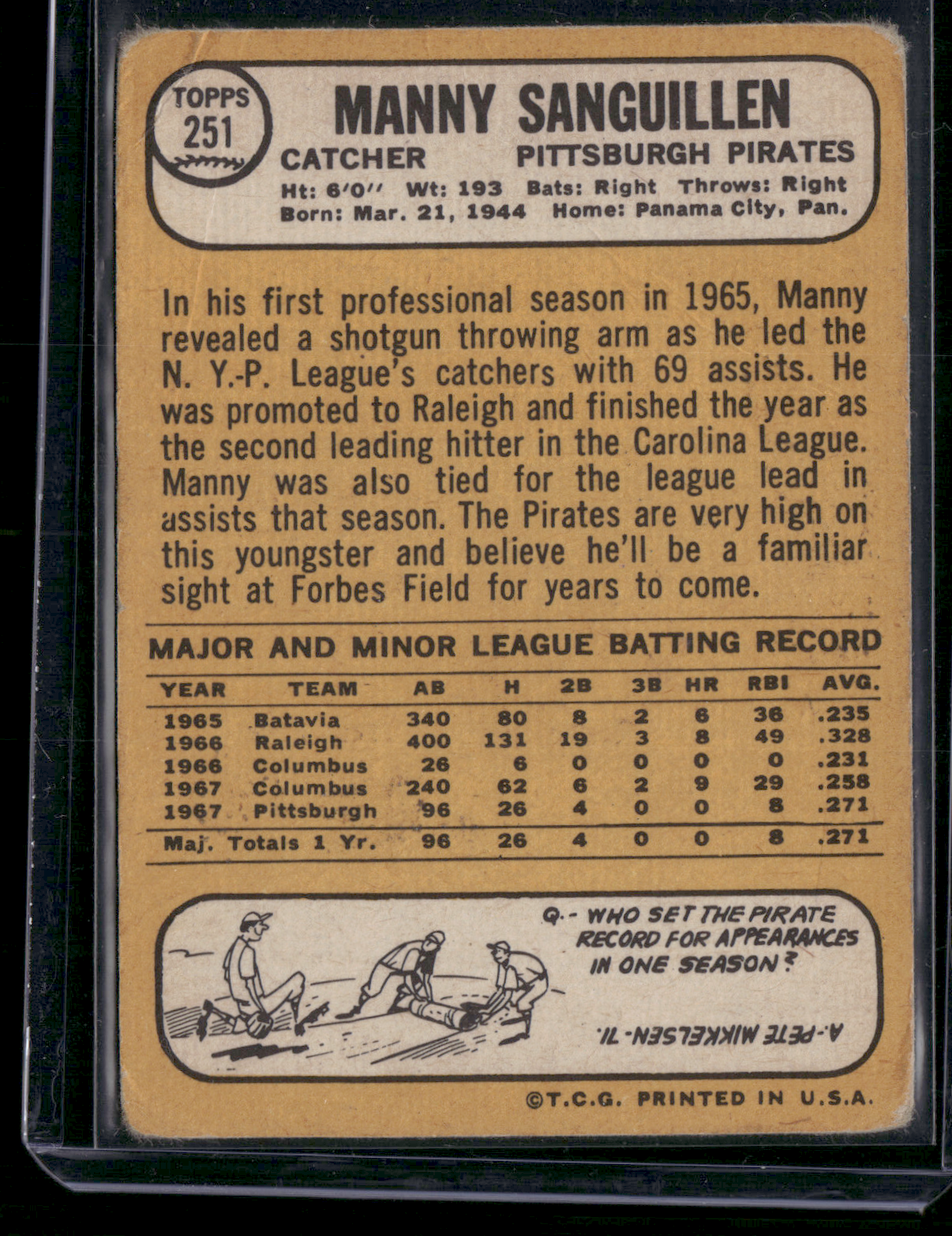 1968 Topps MANNY SANGUILLEN #251