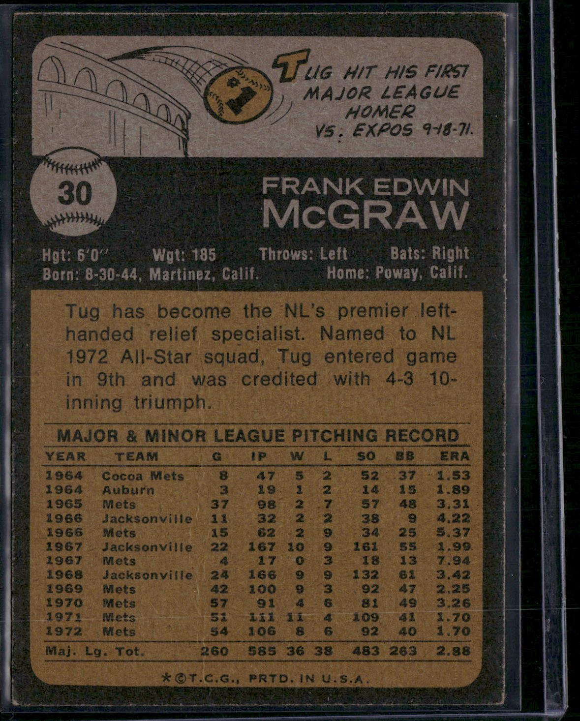1973 Topps TUG MCGRAW #30 Wrinkle on back (VG/EX)