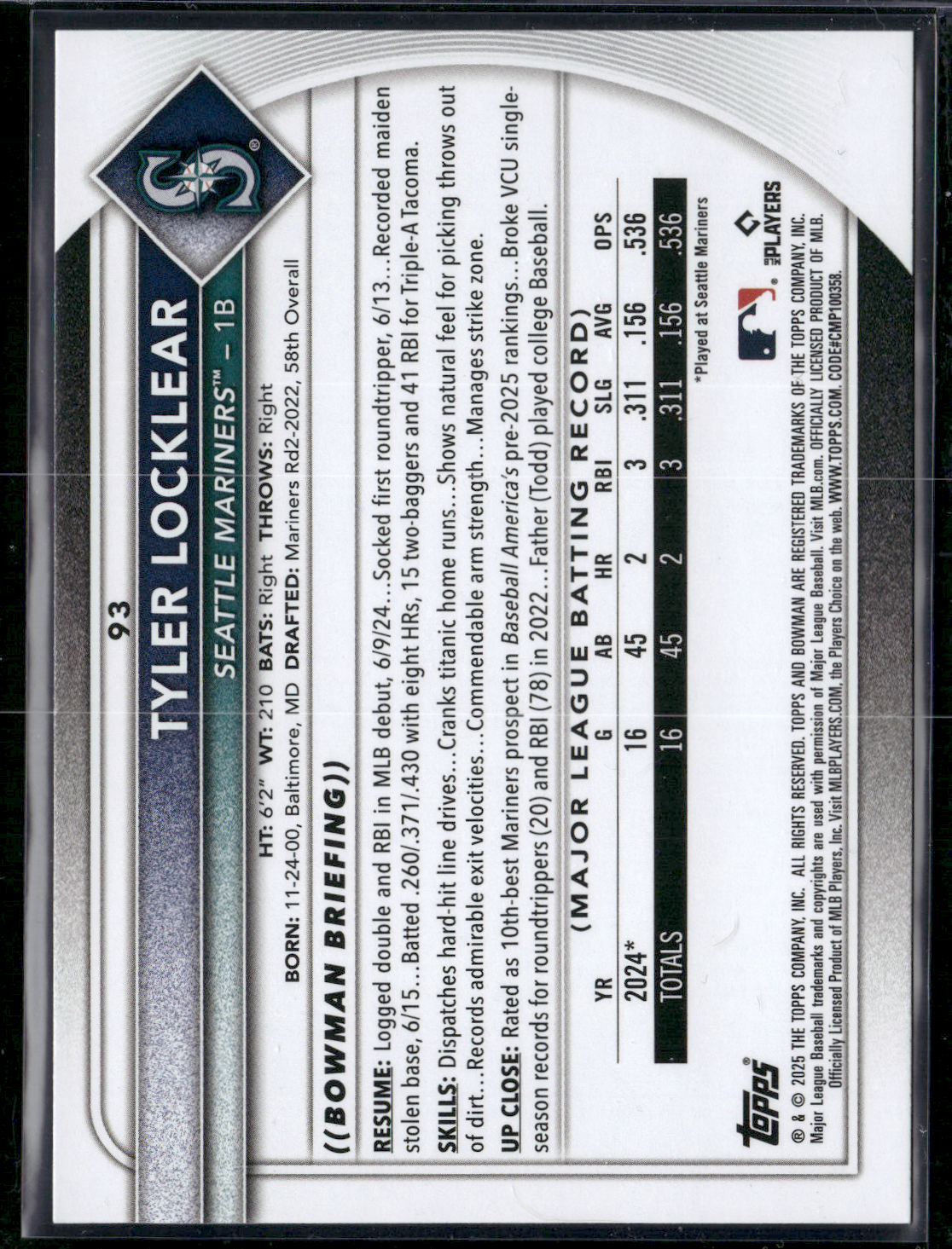 2025 Bowman TYLER LOCKYEAR Rookie Card RC #93