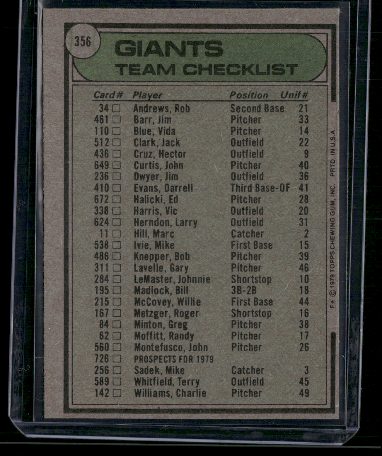 1979 Topps SAN FRANCISCO GIANTS #356 (EX)