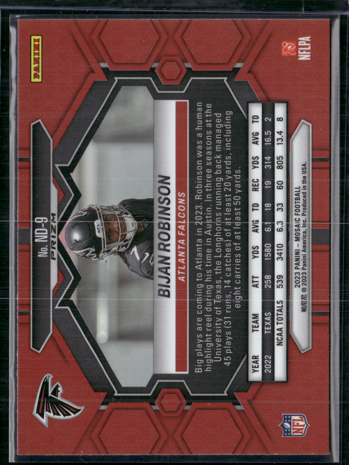 2023 Mosaic Football BIJAN ROBINSON #ND-9 Mosaic Red Reactive Prizm Rookie RC