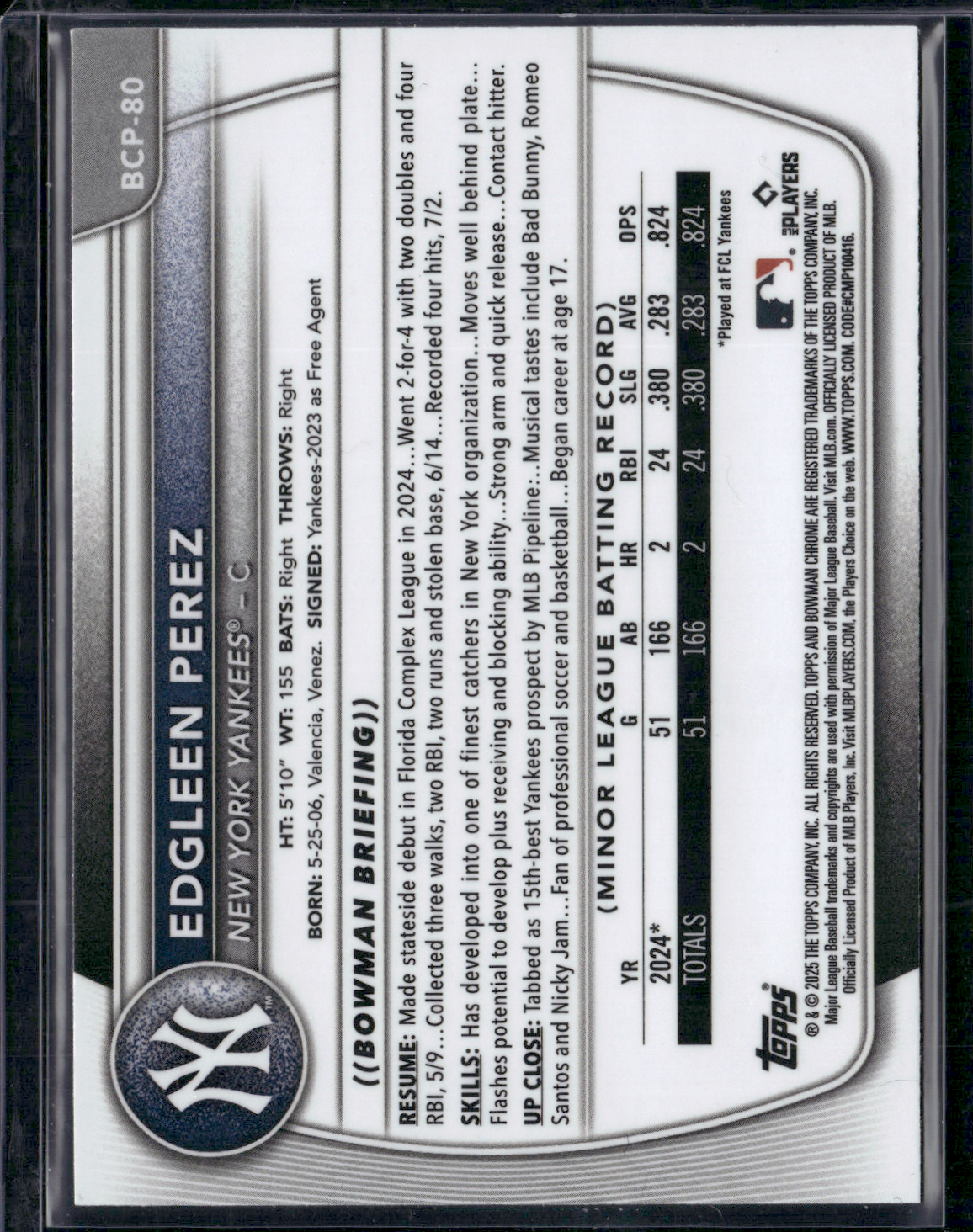 2025 Bowman EDGLEEN PEREZ #BCP-80 1st Bowman Chrome