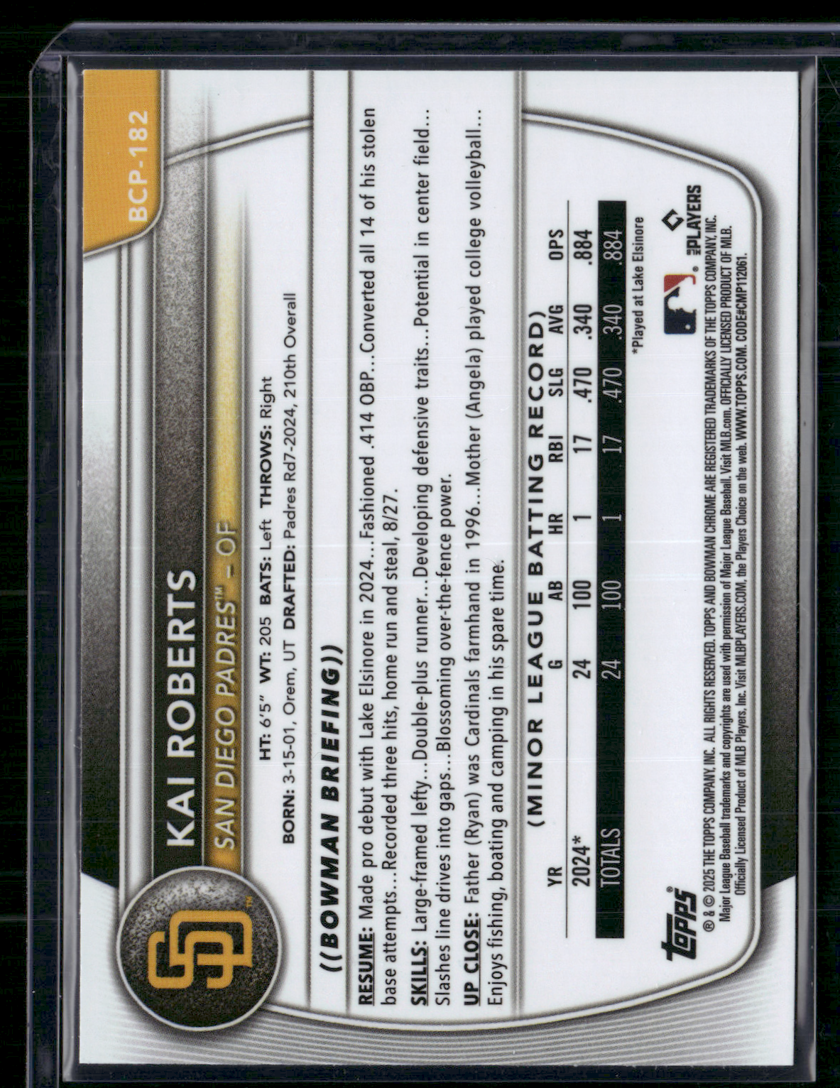 2025 Bowman Chrome KAI ROBERTS #BCP-182 1st Bowman