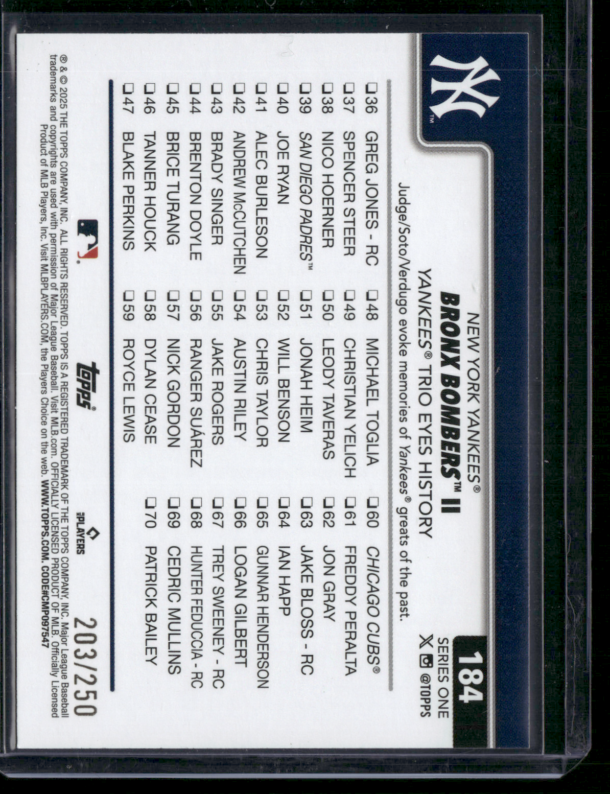 2025 Topps Series 1 YANKEES #184 Purple Foil 203/250