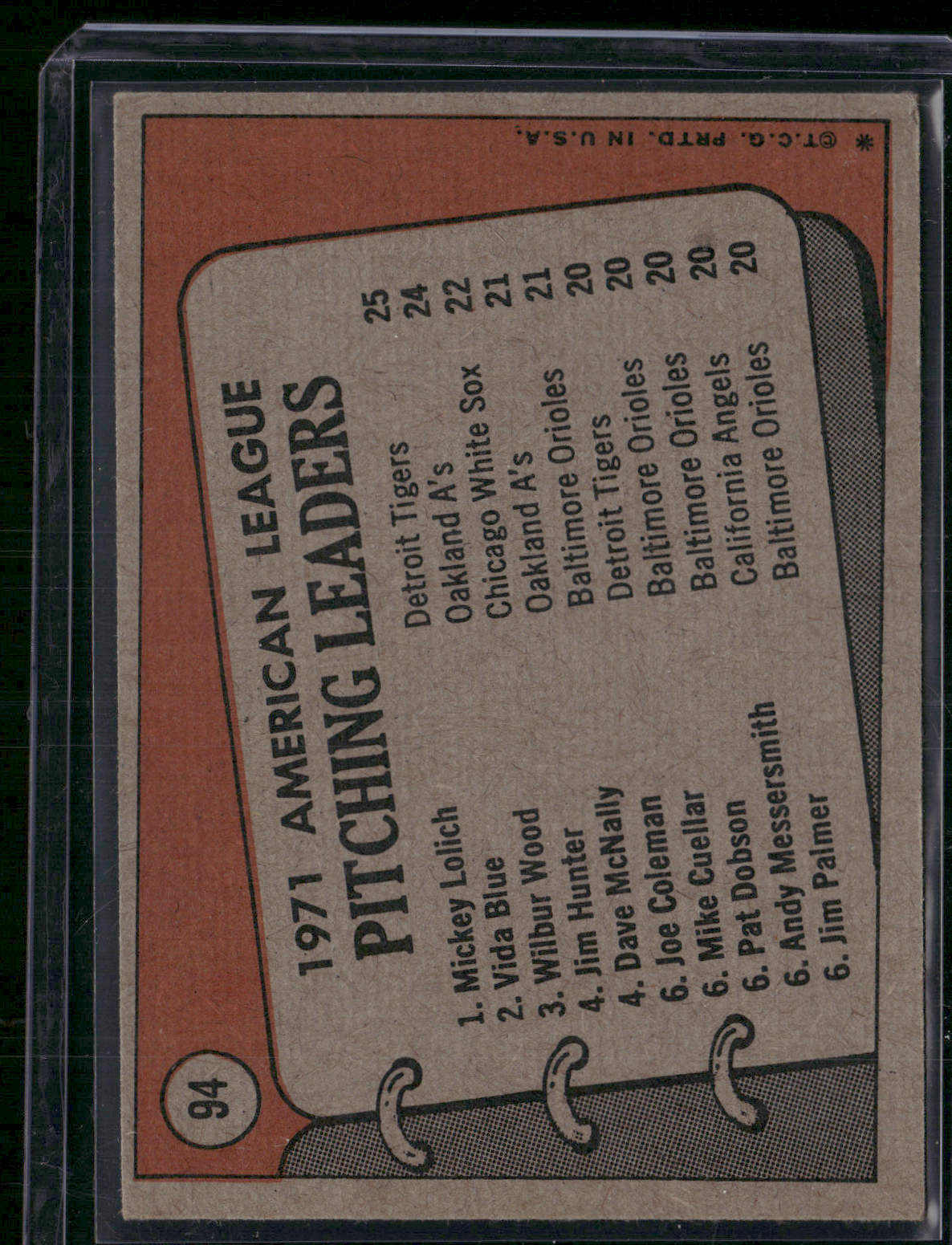 1972 Topps VIDA BLUE/MICKEY LOLICH/WILBUR WOOD #94 1971 AL Pitching Leaders (VG)