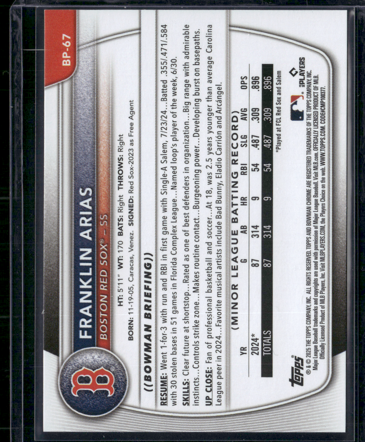 2025 Bowman FRANKLIN ARIAS #BP-67 1st Bowman