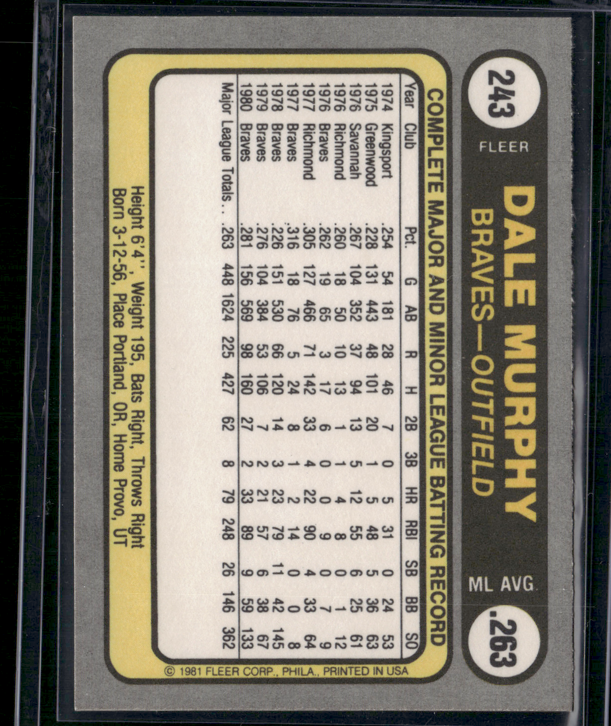 1981 Fleer DALE MURPHY #243 (NM)