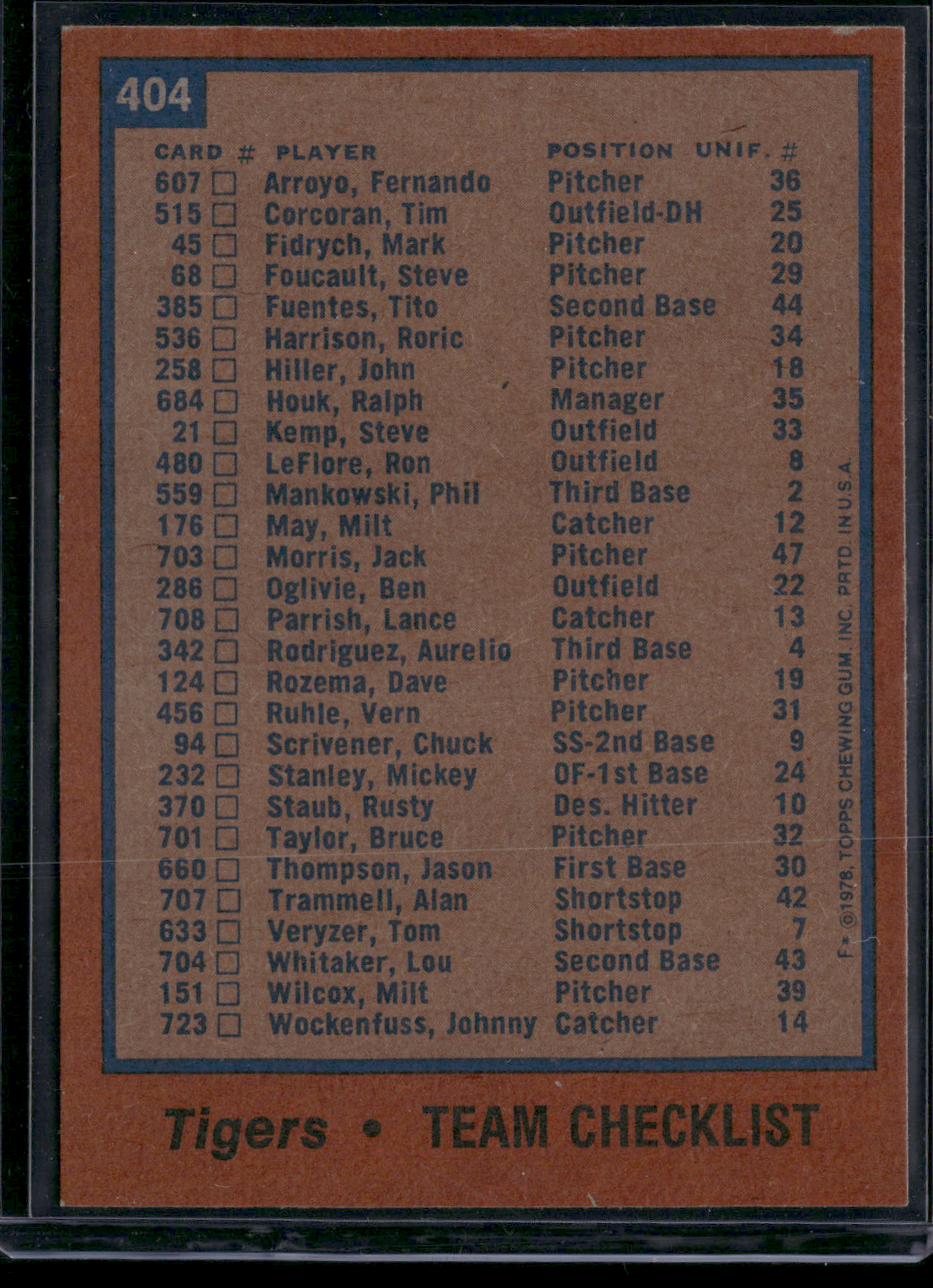 1978 Topps DETROIT TIGERS #404 (EX-EX/MT)