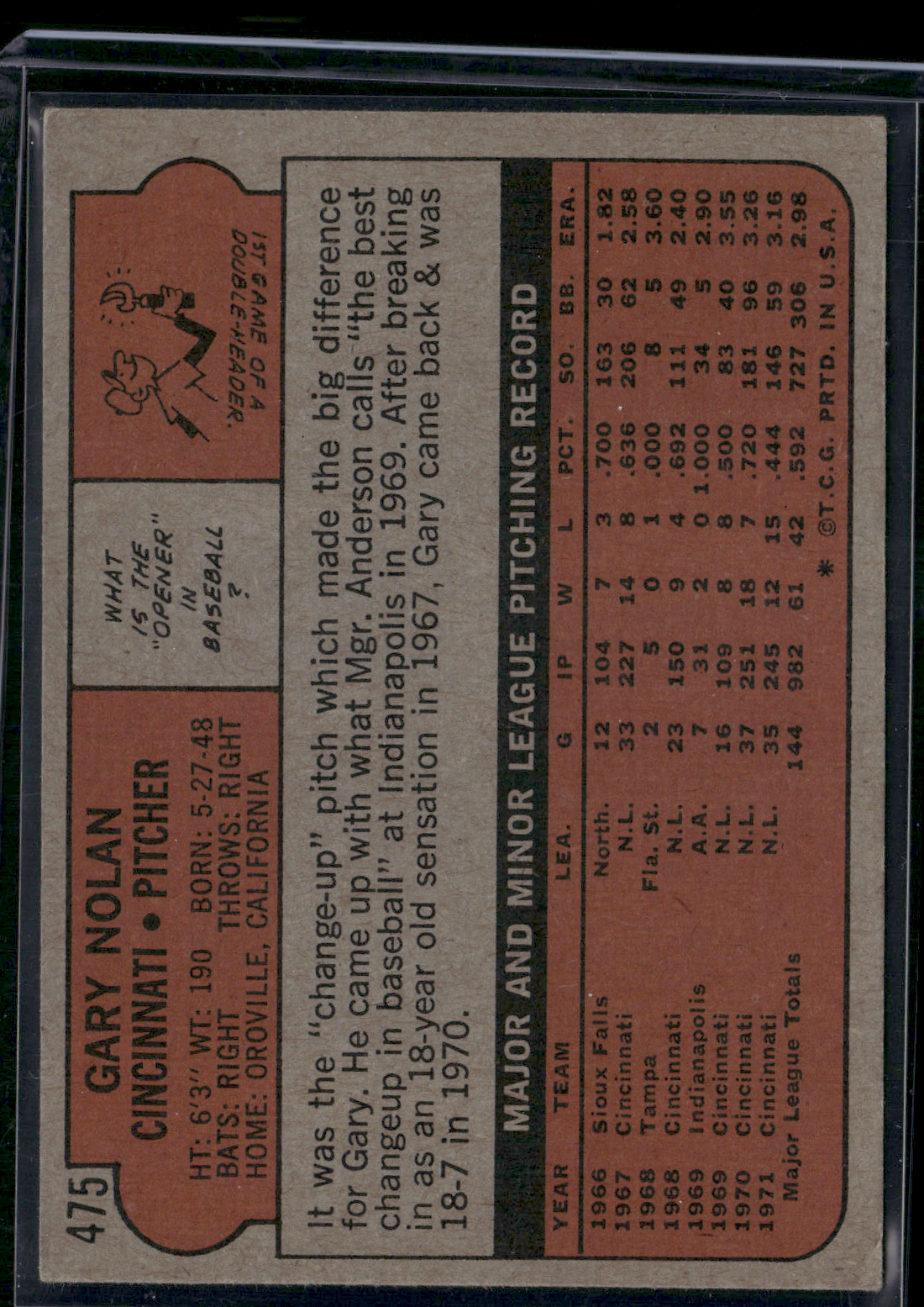 1972 Topps GARY NOLAN #475 (Good - Wrinkles)