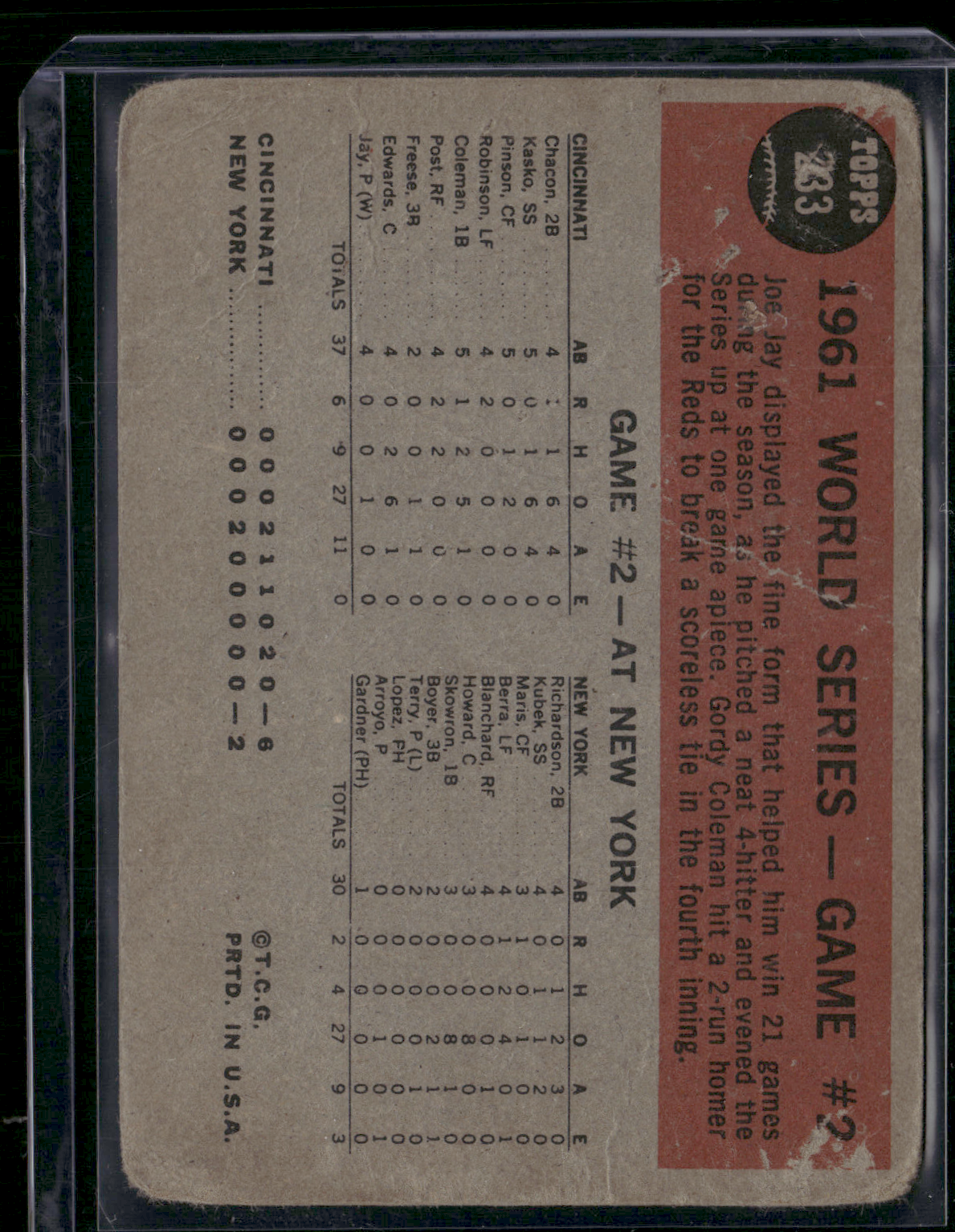 1962 Topps JOE JAY -WORLD SERIES GAME #2 #233 Jay Ties It Up(Fair)