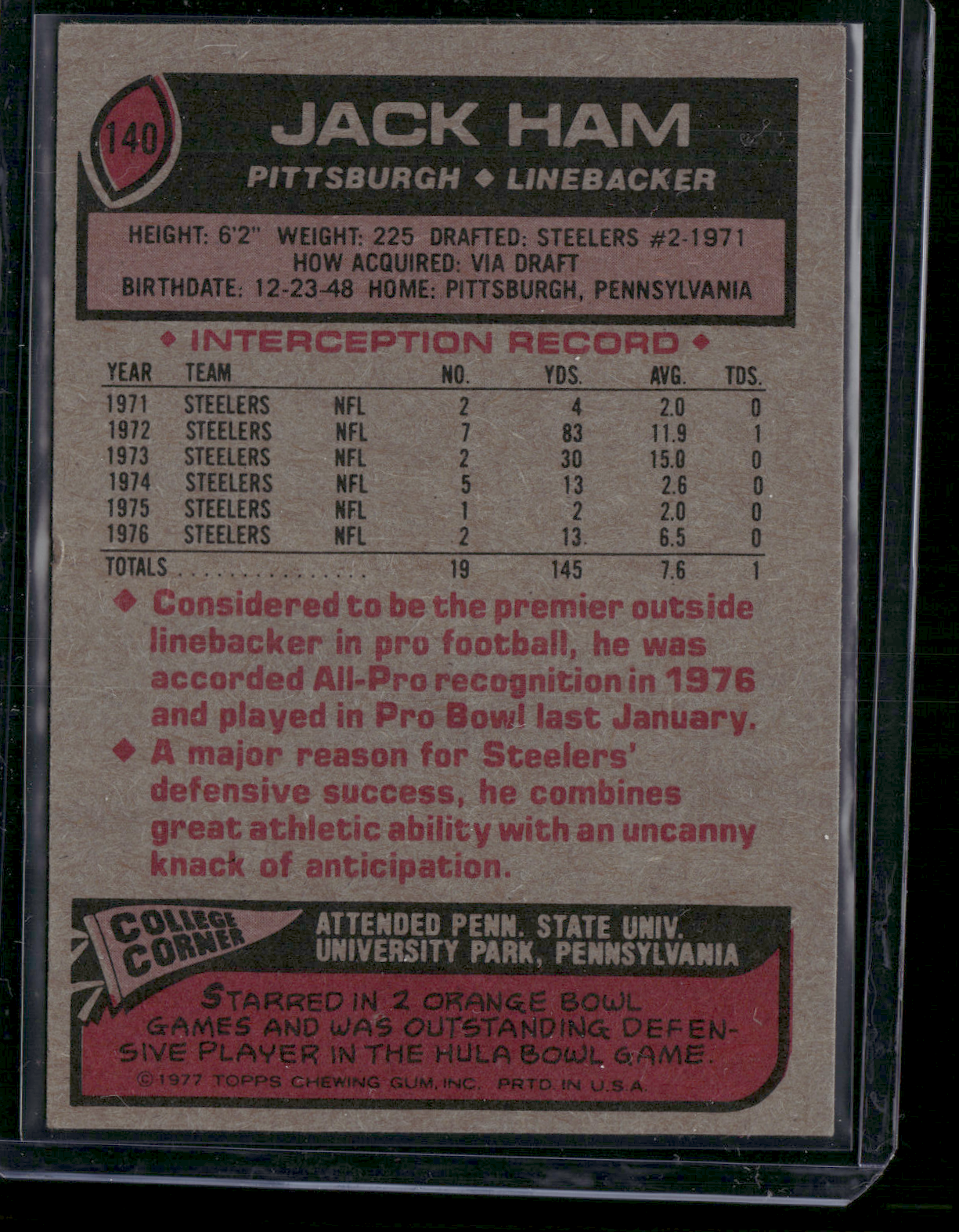 1977 Topps JACK HAM #140 Slight Edge Crush (VG/EX)