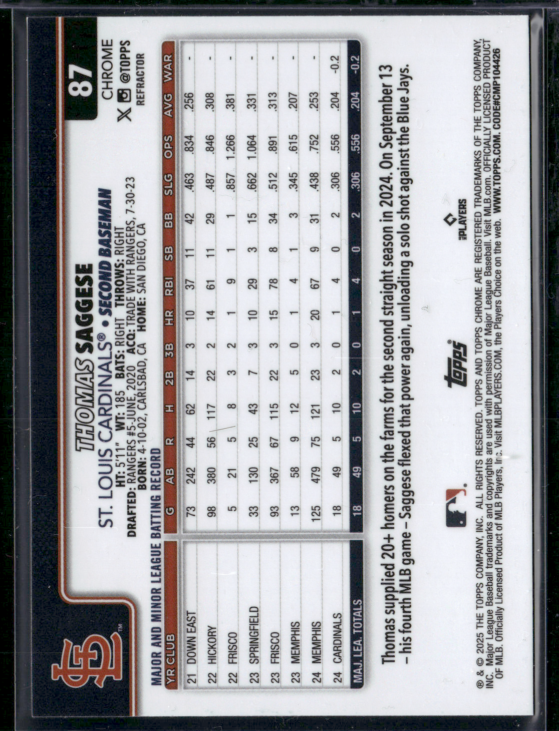 2025 Topps Chrome THOMAS SAGGESE #87 Rainbow Refractor Rookie RC