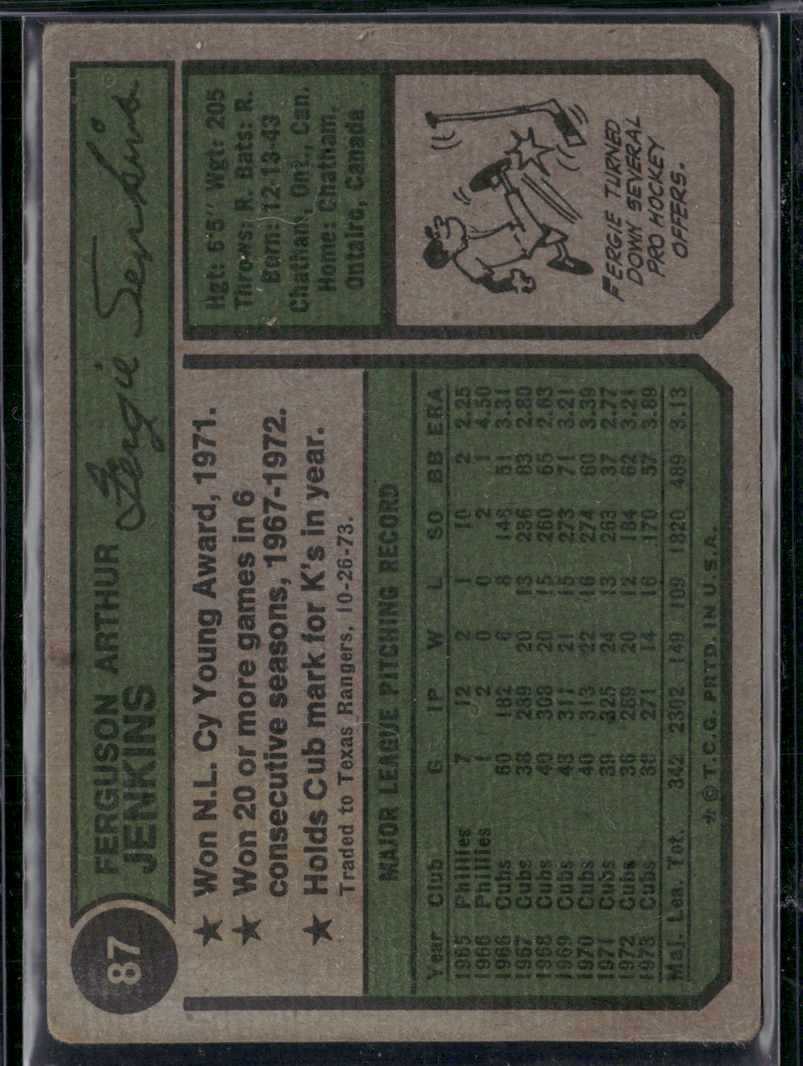 1974 Topps FERGIE JENKINS #87 Light Wrinkle (VG)