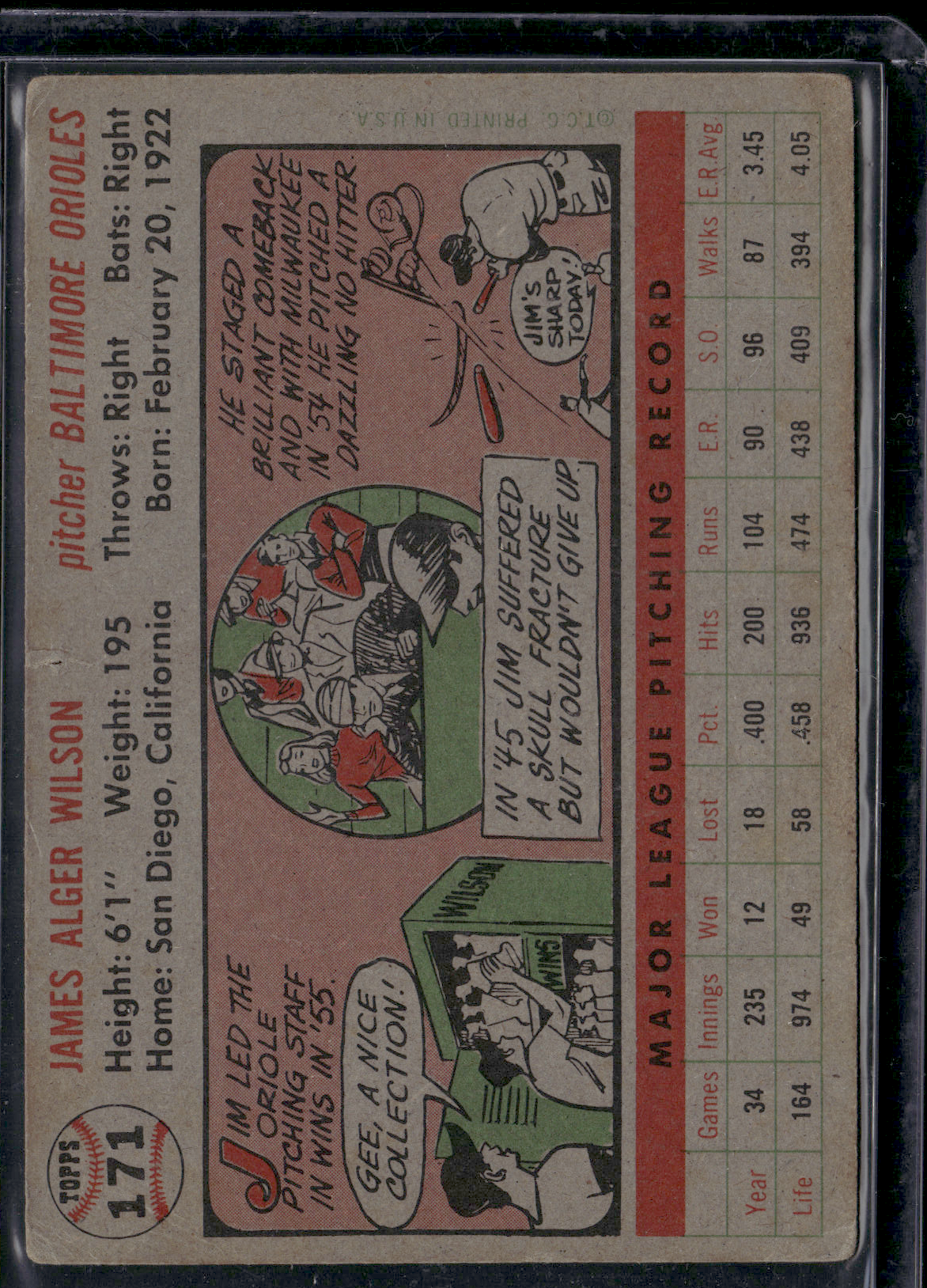 1956 Topps JIM WILSON #171 Pinhole