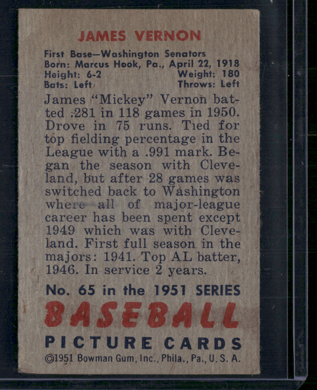 1951 Bowman MICKEY VERNON #65 (VG/EX)