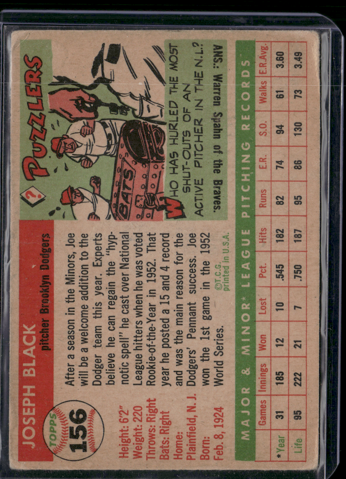 1955 Topps JOE BLACK #156 Creases (Good)