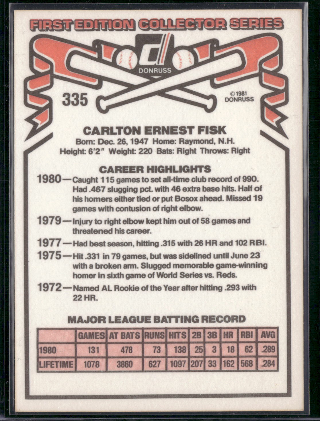 1981 Donruss CARLTON FISK #335 Wax Stains (EX)