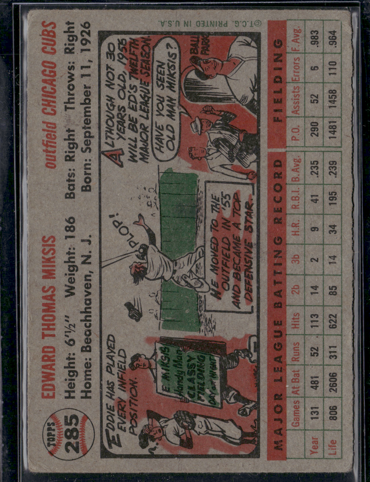 1956 Topps EDDIE MIKSIS #285 Paper Loss