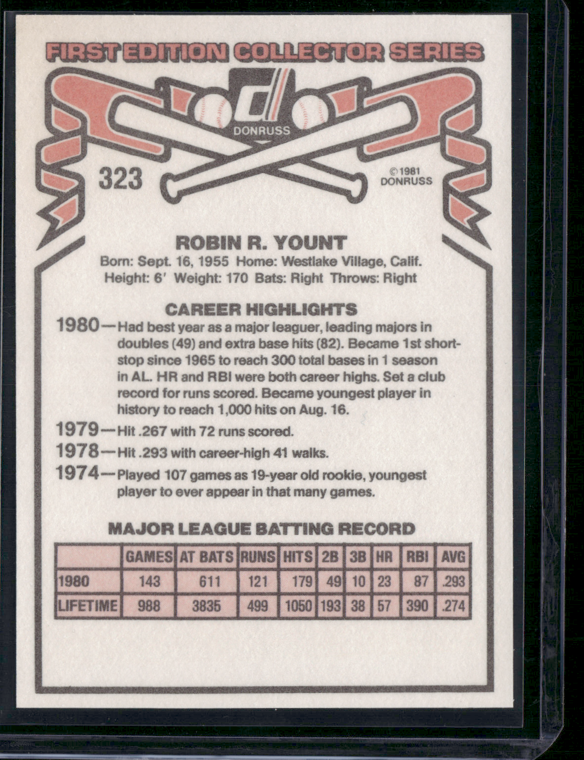 1981 Donruss ROBIN YOUNT #323 (NM)