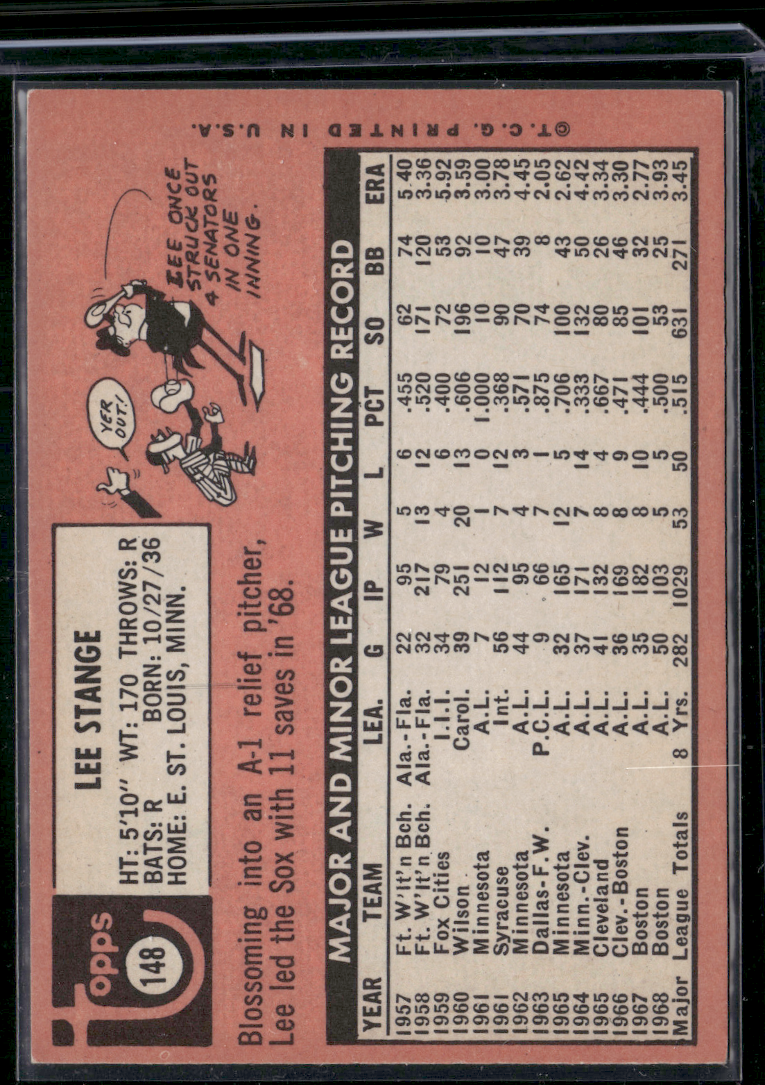 1969 Topps LEE STANGE #148 Staining (VG)