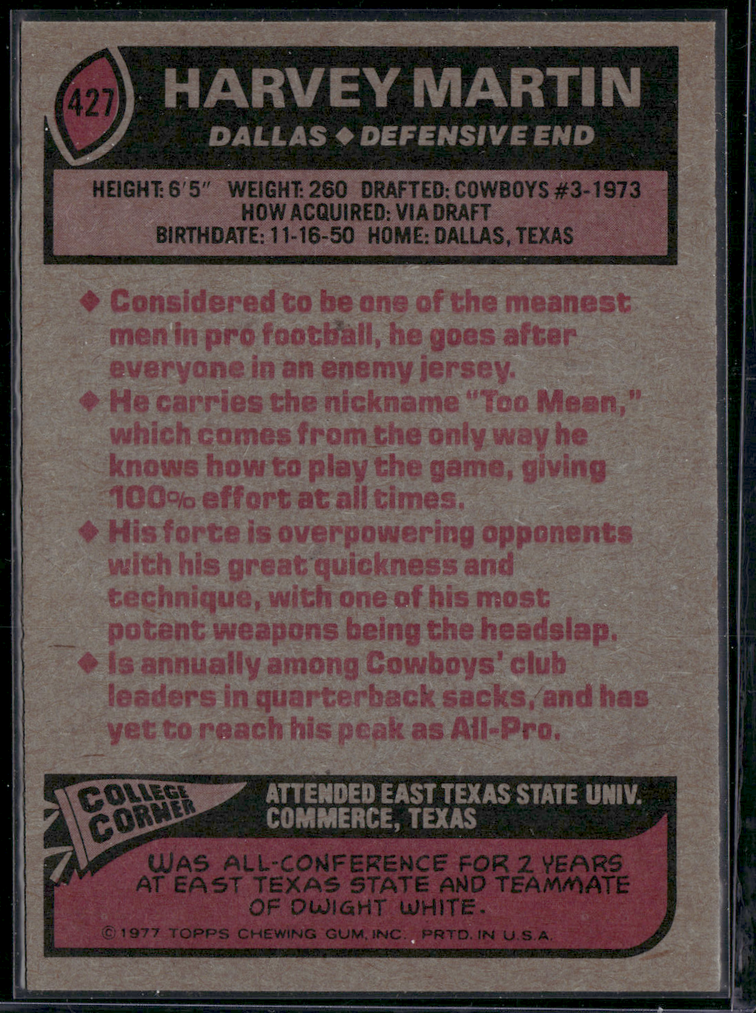 1977 Topps HARVEY MARTIN #427 (EX)
