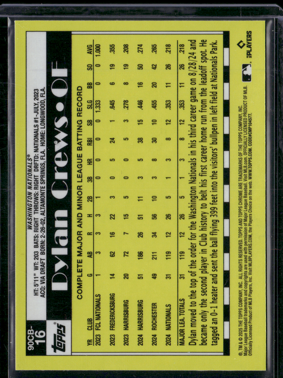 2025 Topps Chrome DYLAN CREWS #90CB-16 90 Design Rookie RC