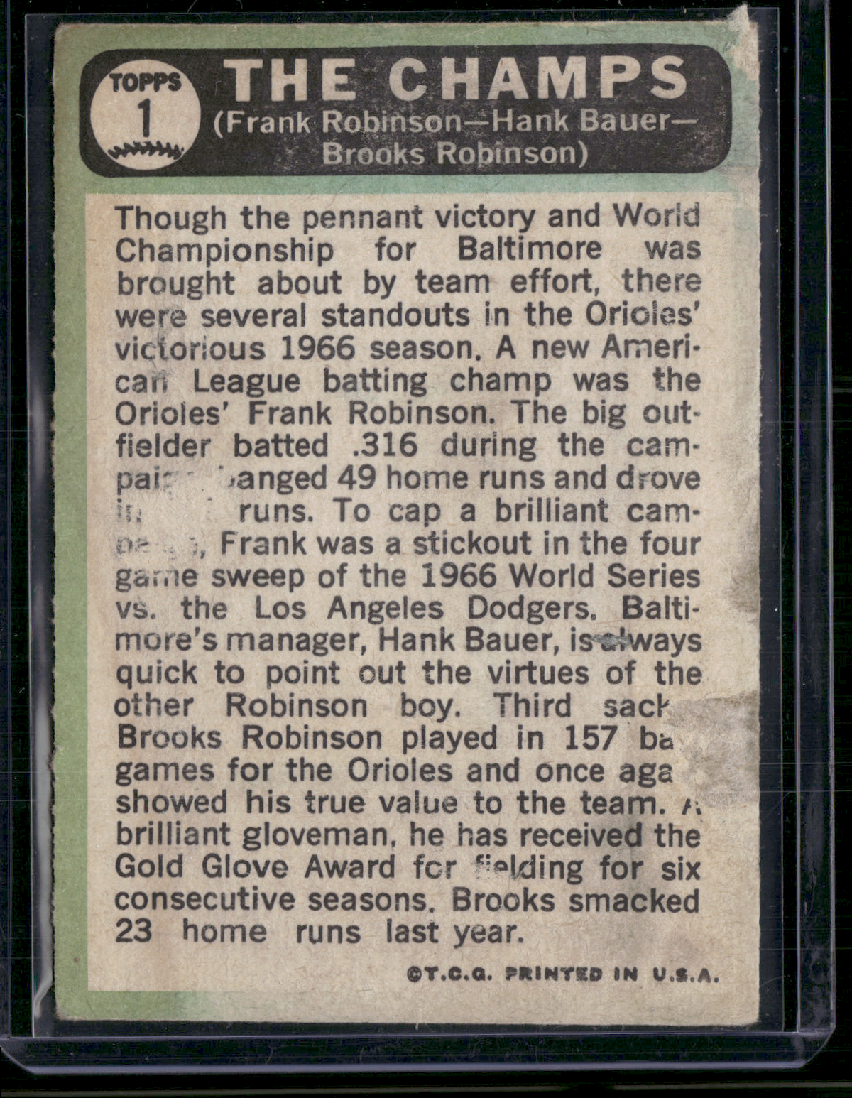 1967 Topps FRANK ROBINSON/BROOKS ROBINSON/HANK BAUER #1 The Champs (Fair)