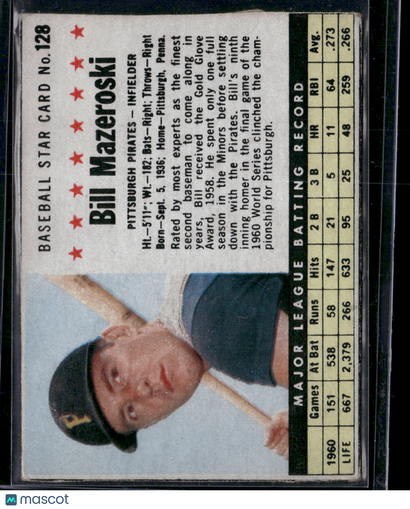 1961 Post Cereal BILL MAZEROSKI #128 Staining on back, Hand Cut