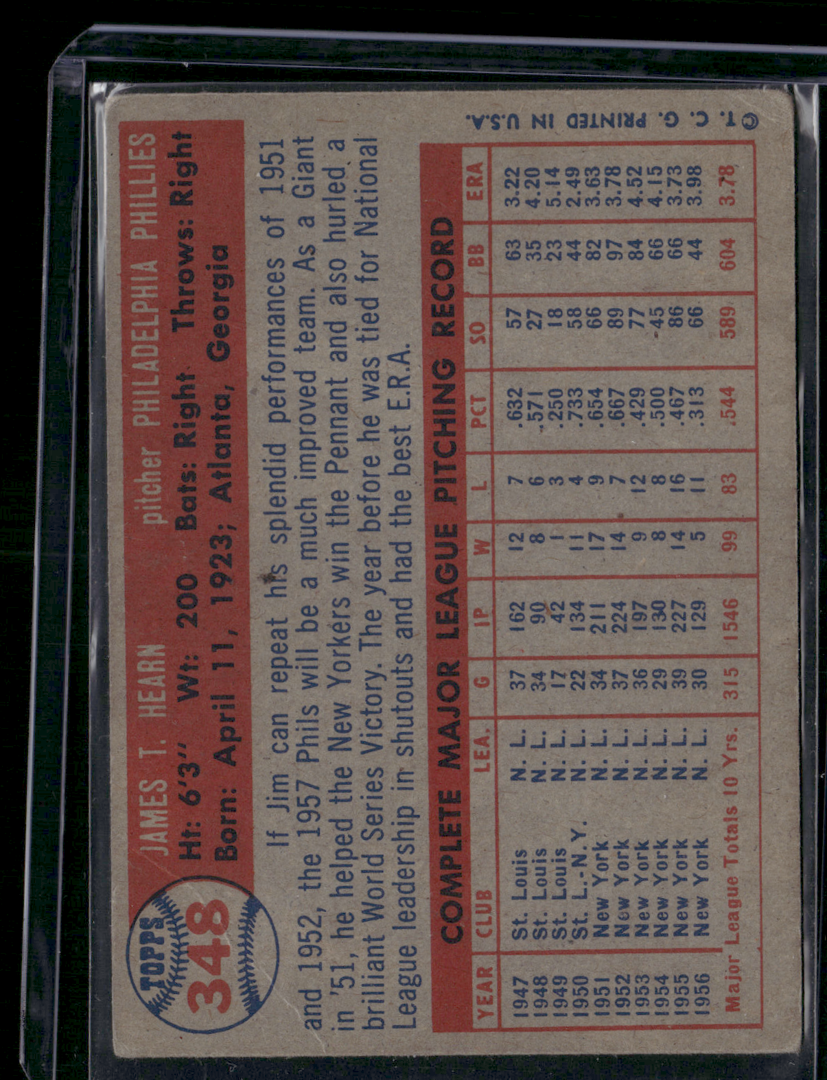 1957 Topps JIM HEARN #348