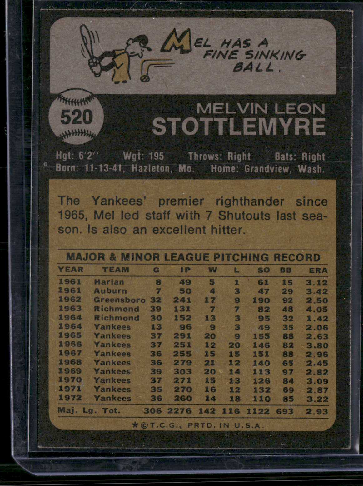 1973 Topps MEL STOTTLEMYRE #520 (EX)