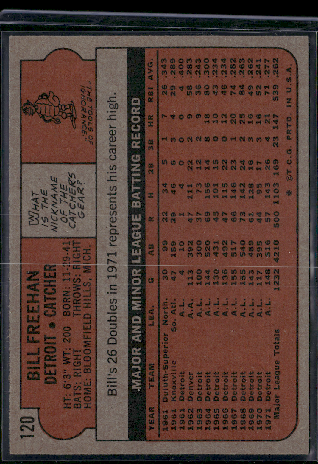 1972 Topps BILL FREEHAN #120 (VG/EX-EX)