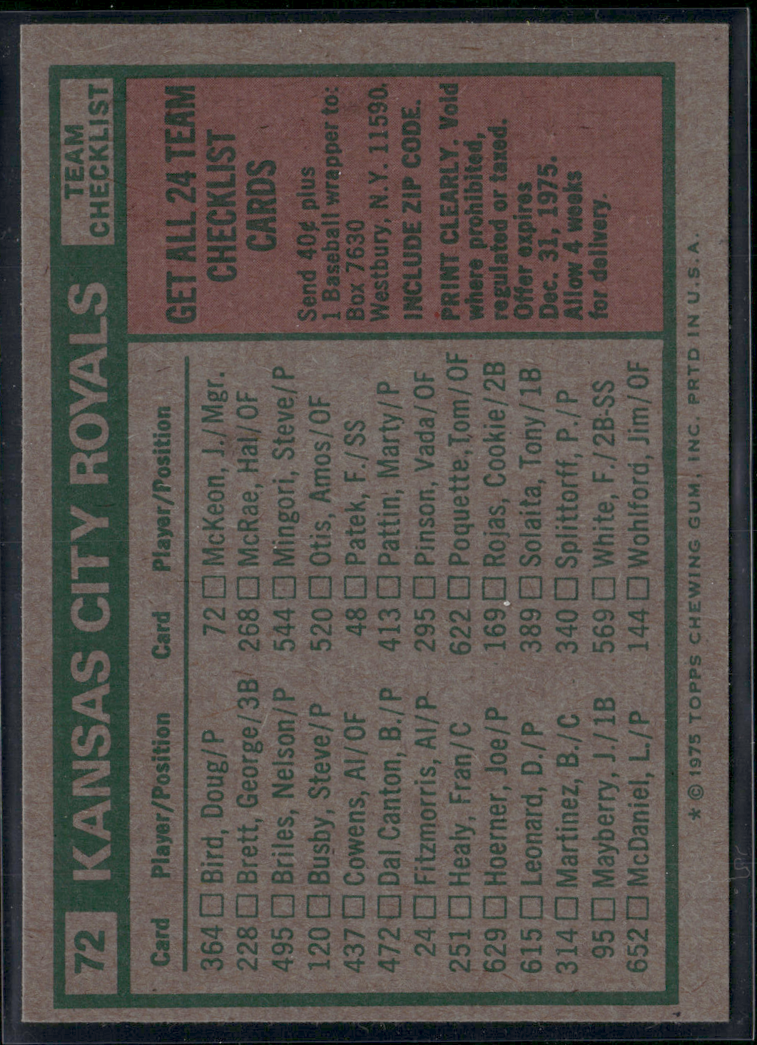 1975 Topps KANSAS CITY ROYALS #72 (EX)
