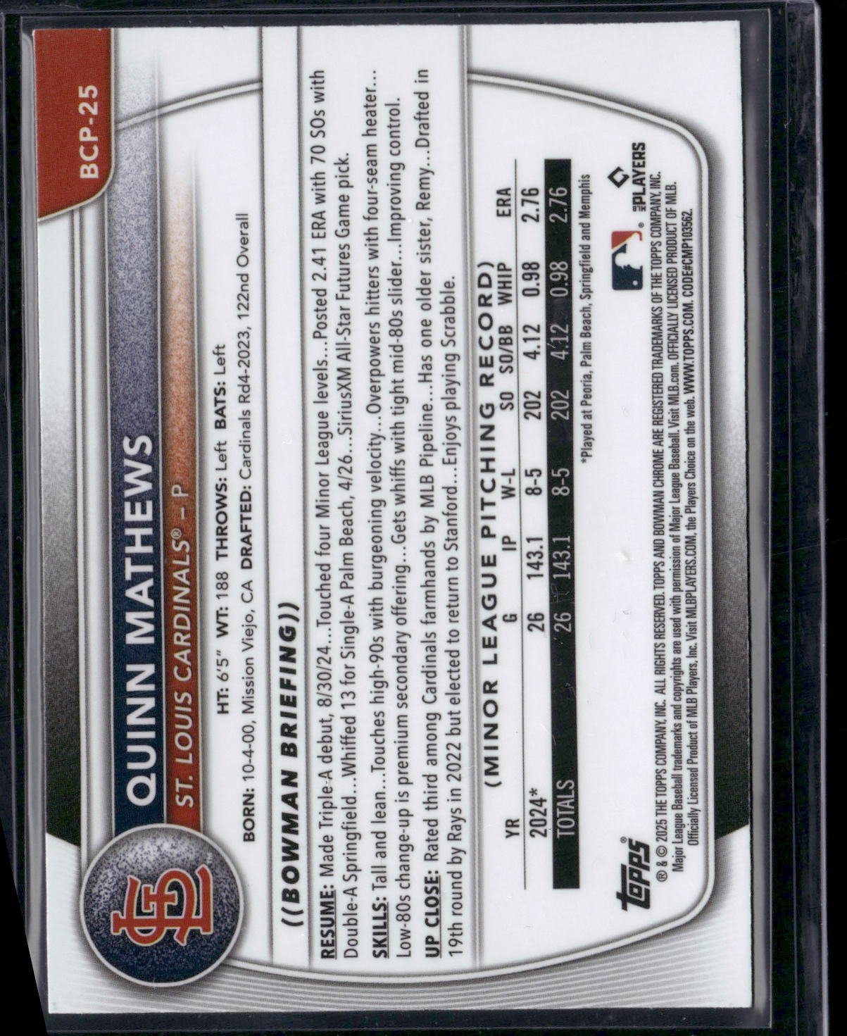 2025 Bowman QUINN MATTHEWS #BCP-25 Chrome Mojo 1st Bowman