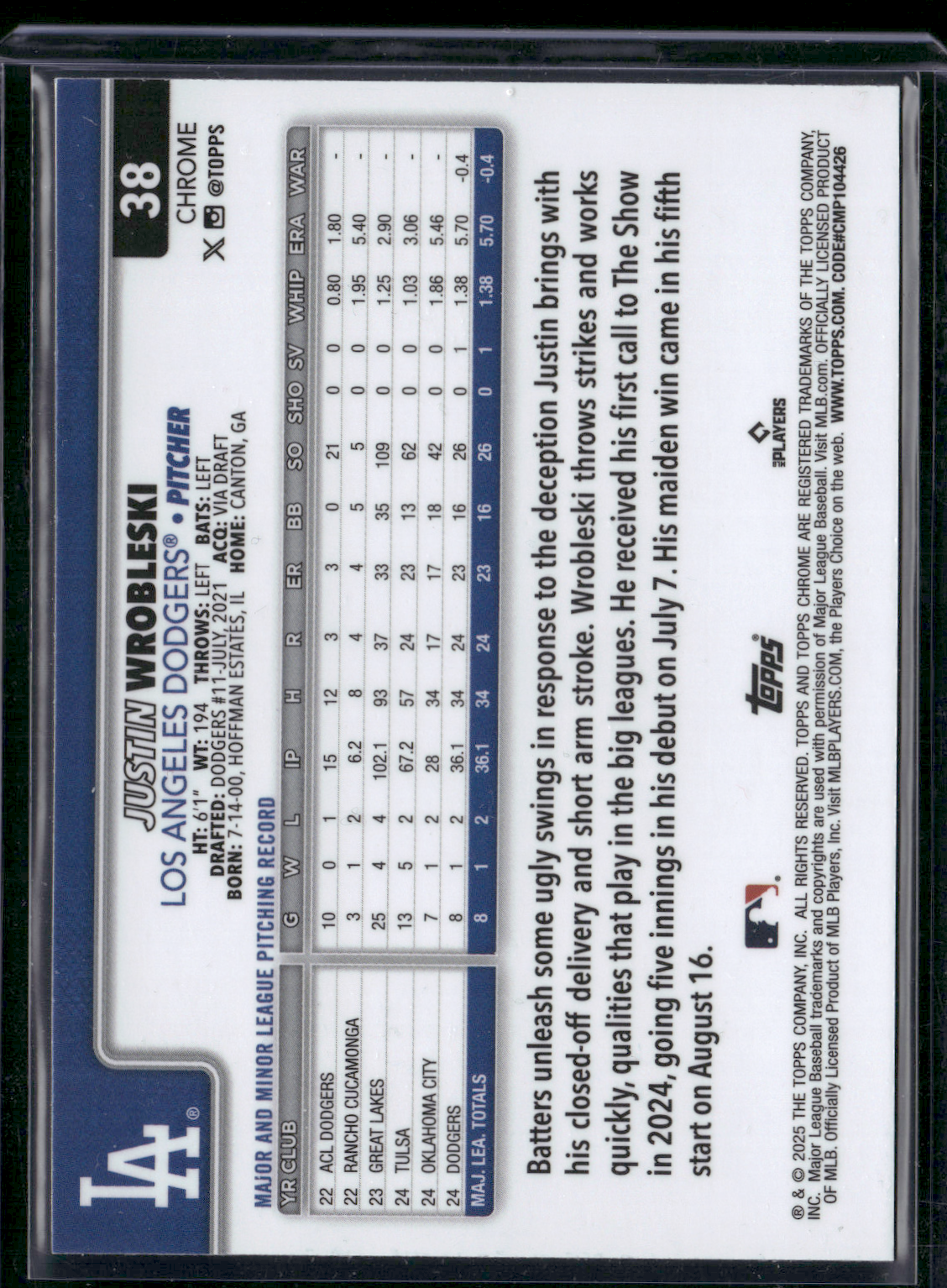2025 Topps Chrome JUSTIN WROBLESKI #38 Geometric Refractor Rookie RC