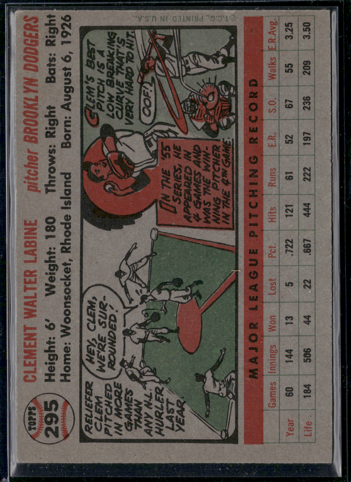 1956 Topps CLEM LABINE #295 Marking on Center Front