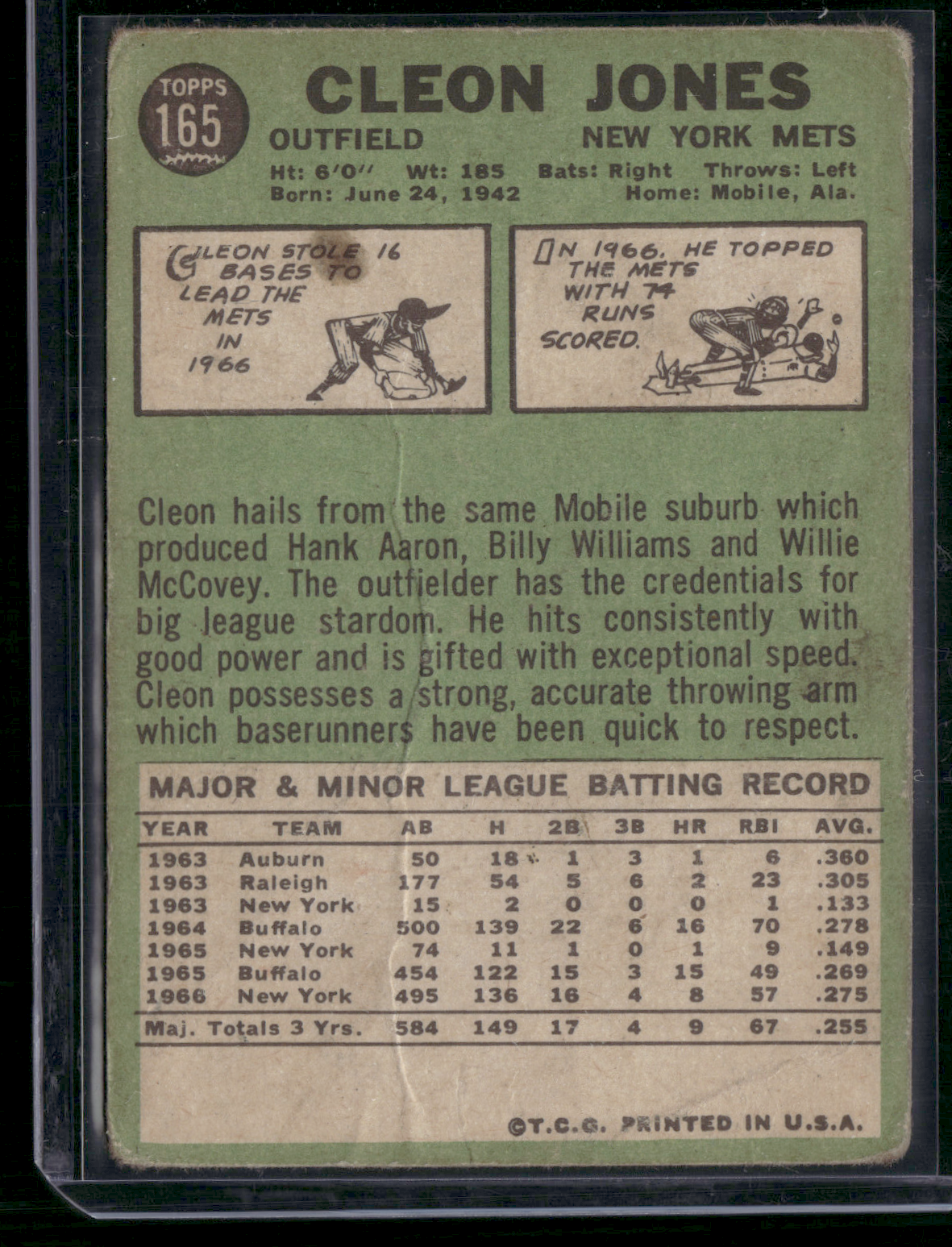 1967 Topps CLEON JONES #165 Rookie Cup Wrinkles (Good)
