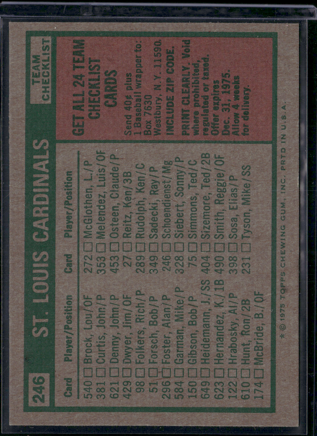 1975 Topps ST. LOUIS CARDINALS #246 (EX)