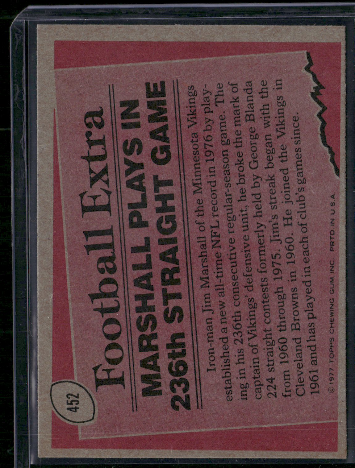 1977 Topps JIM MARSHALL #452 1976 Record Breaker (EX/MT-NM)