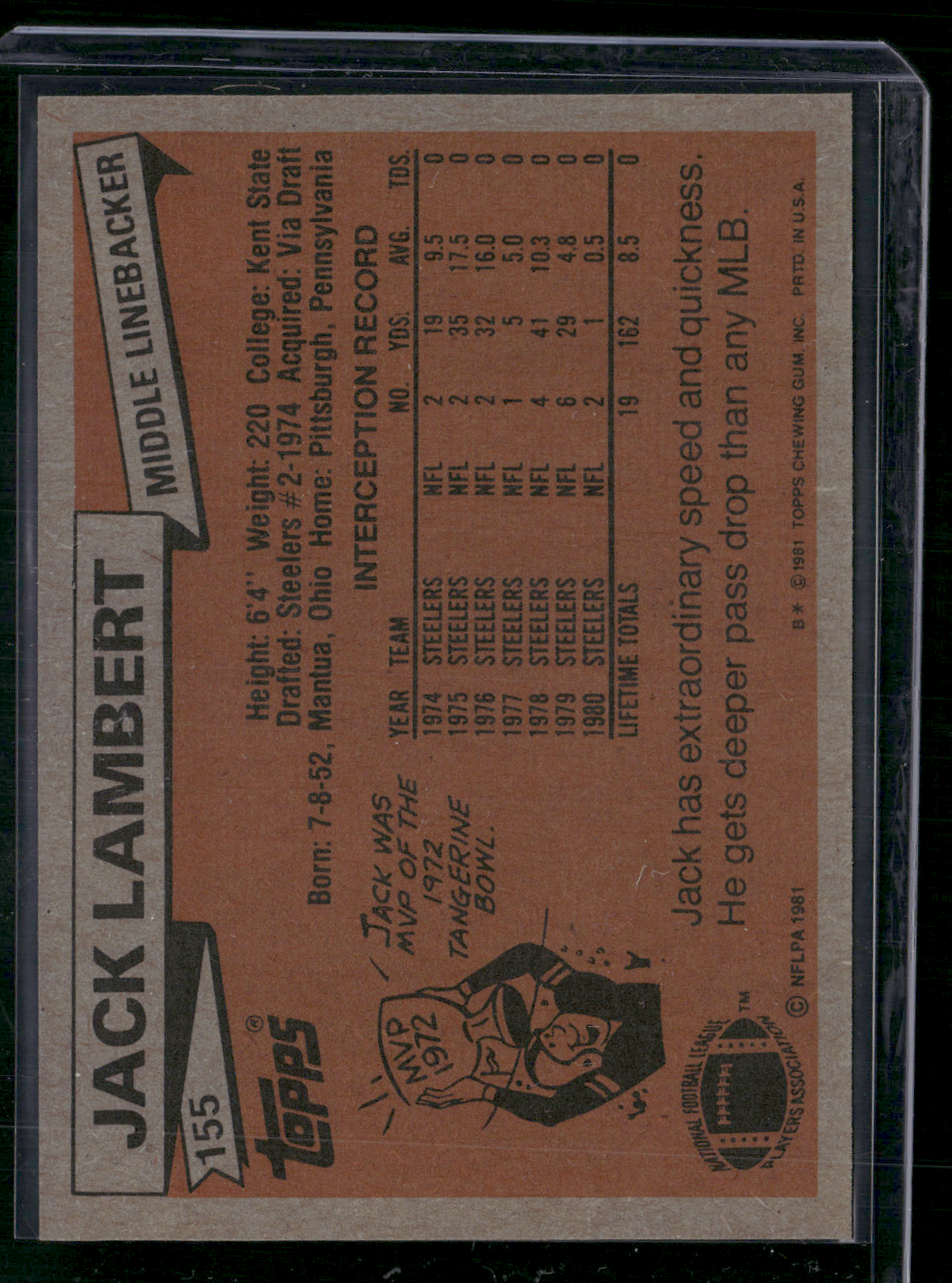 1981 Topps JACK LAMBERT #155 Print Snow (EX)