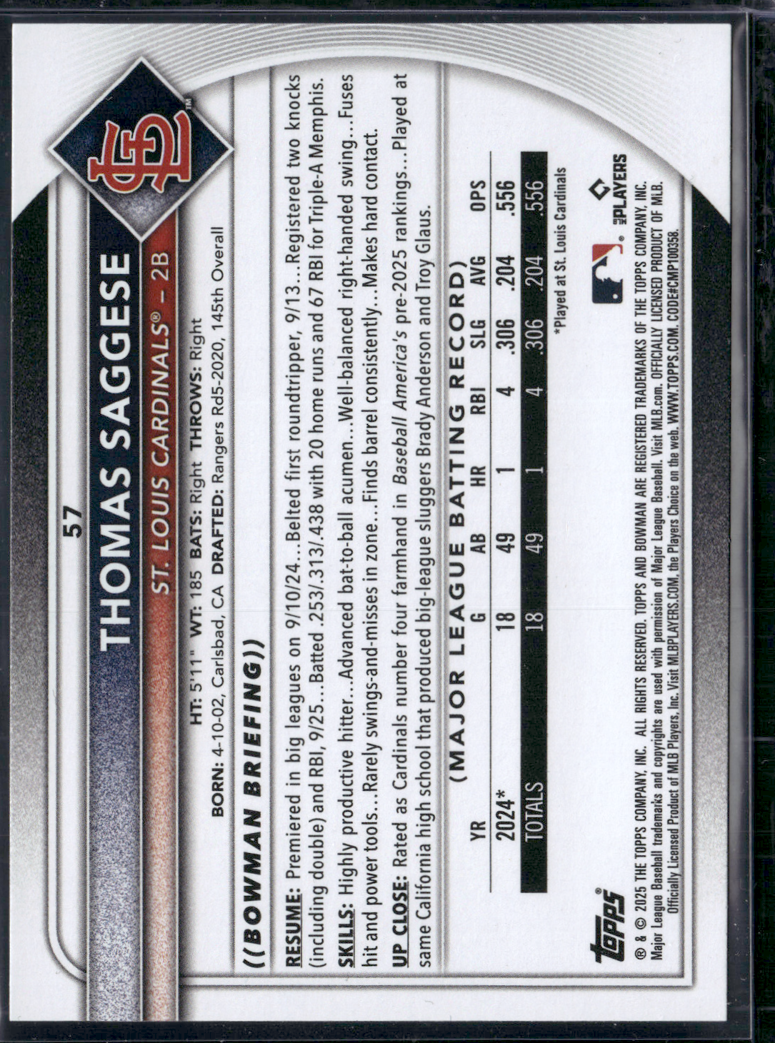 2025 Bowman THOMAS SAGGESE Rookie Card RC #57